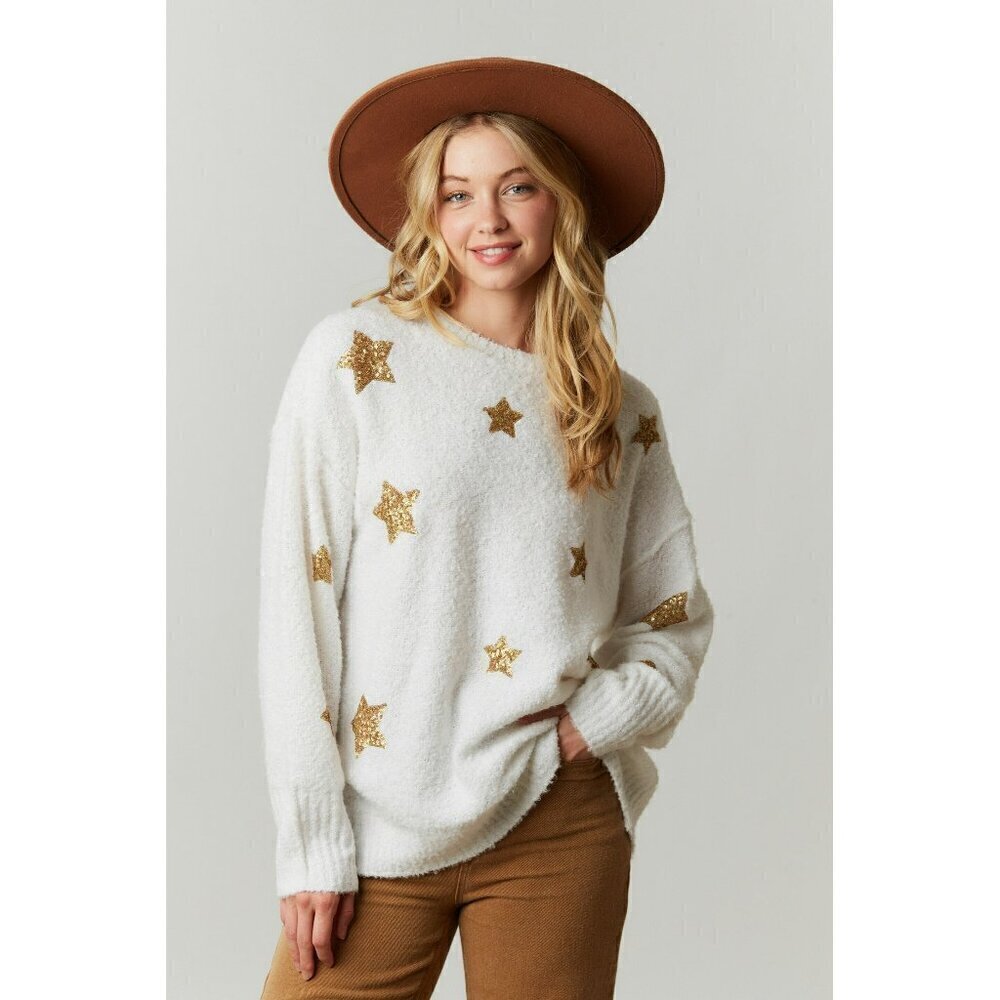 Kimber Sequin Starry Sweater in White - Picture 1 of 6